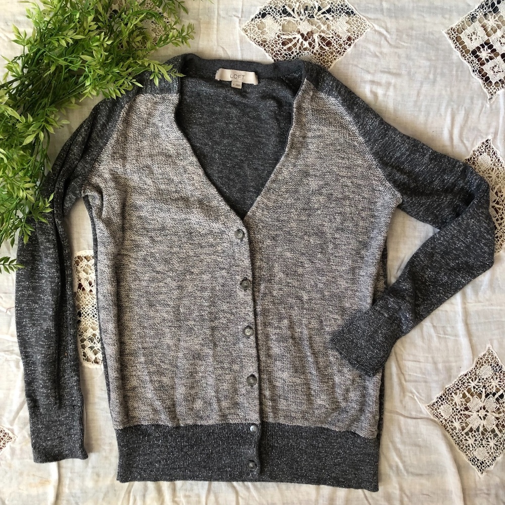 Ann Taylor LOFT M Women Sparkle Glitter Cardigan Grandpa Sweater Grey Button Up